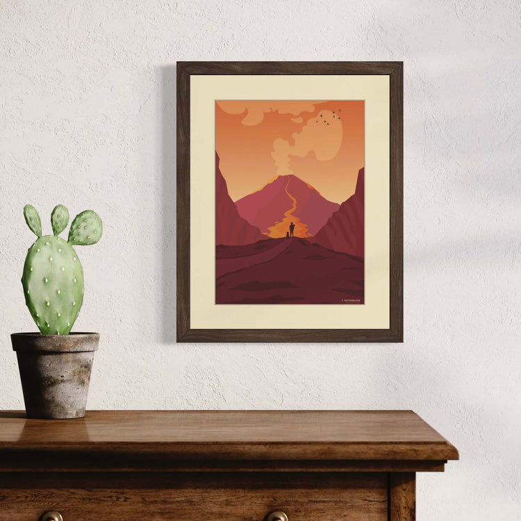 image of kilauea volcano art print framed and hanging on a wall in a home