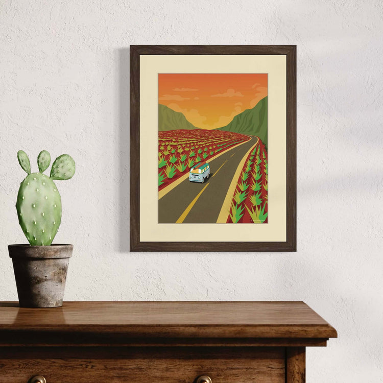image of maui pineapple fields art print framed and hanging on a wall in a home