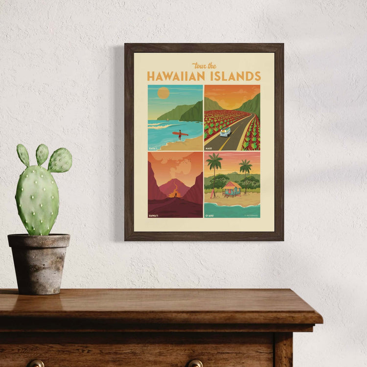 image of Tour the Hawaiian Islands art print framed and hanging on a wall in a home