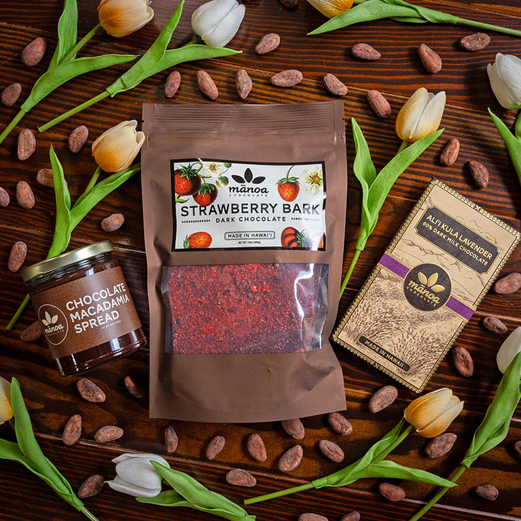 image of Strawberry Bark package, Chocolate Macadamia Spread jar, and Ali&