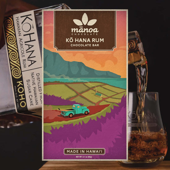 Image of Ko Hana Rum chocolate bar packaging displaying a pick-up truck on a sugarcane field, transposed over an image of Ko Hana Kokoleka rum being poured