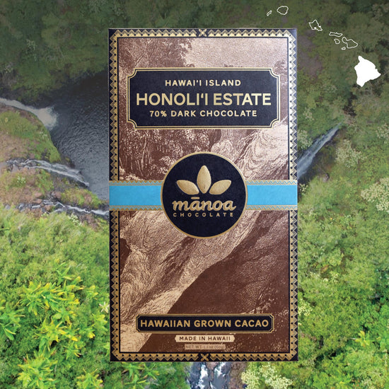 Image of honolii chocolate bar in front of waterfall background