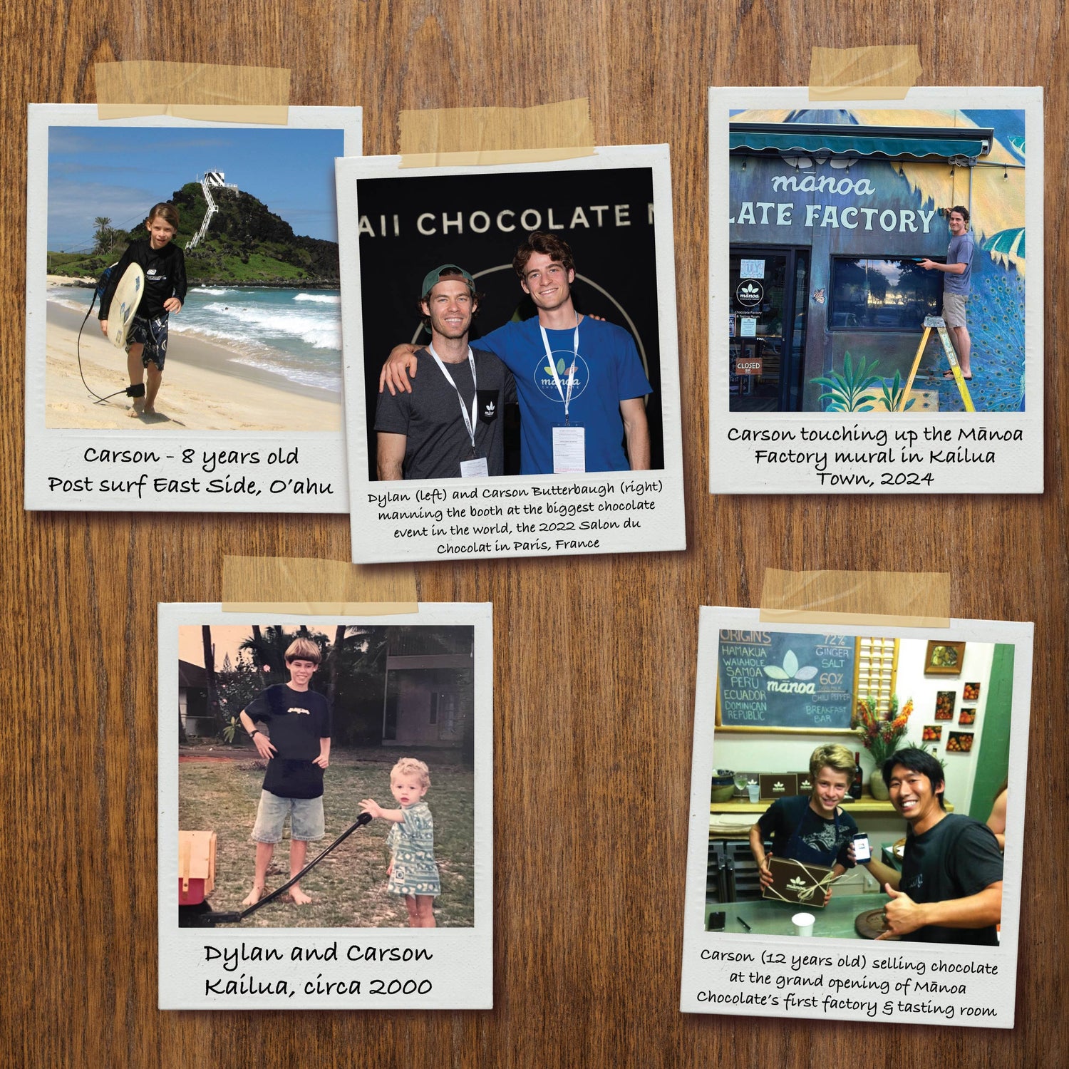 image of five polaroid pictures taped to a wooden surface of Carson and Dylan Butterbaugh from childhood and recent memories