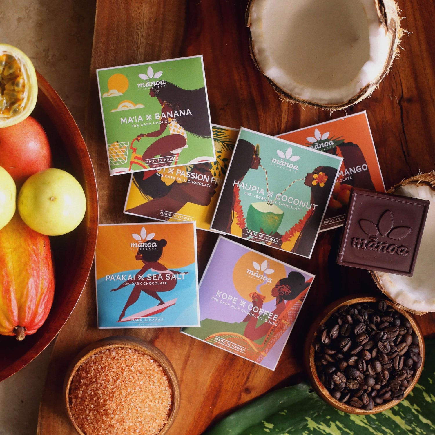 Image of six chocolate squares with colorful packaging