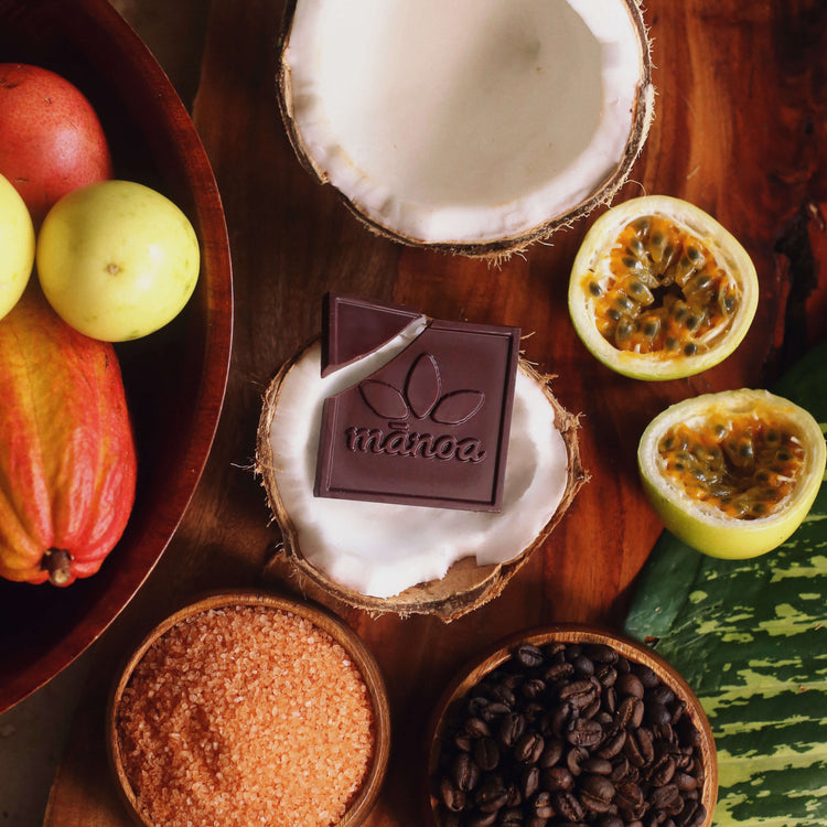 Image of chocolate square in a sliced coconut with tropical fruits