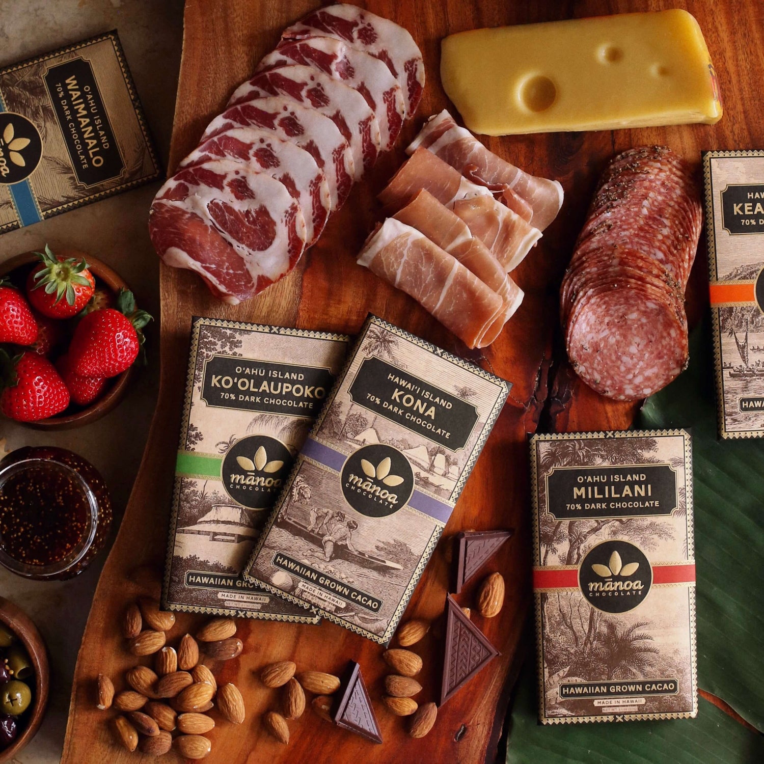 Image of single origin chocolate bars on a charcuterie board