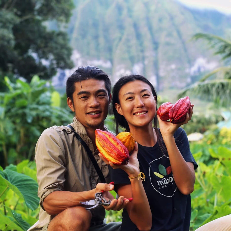 Image of two people holding cacao pods