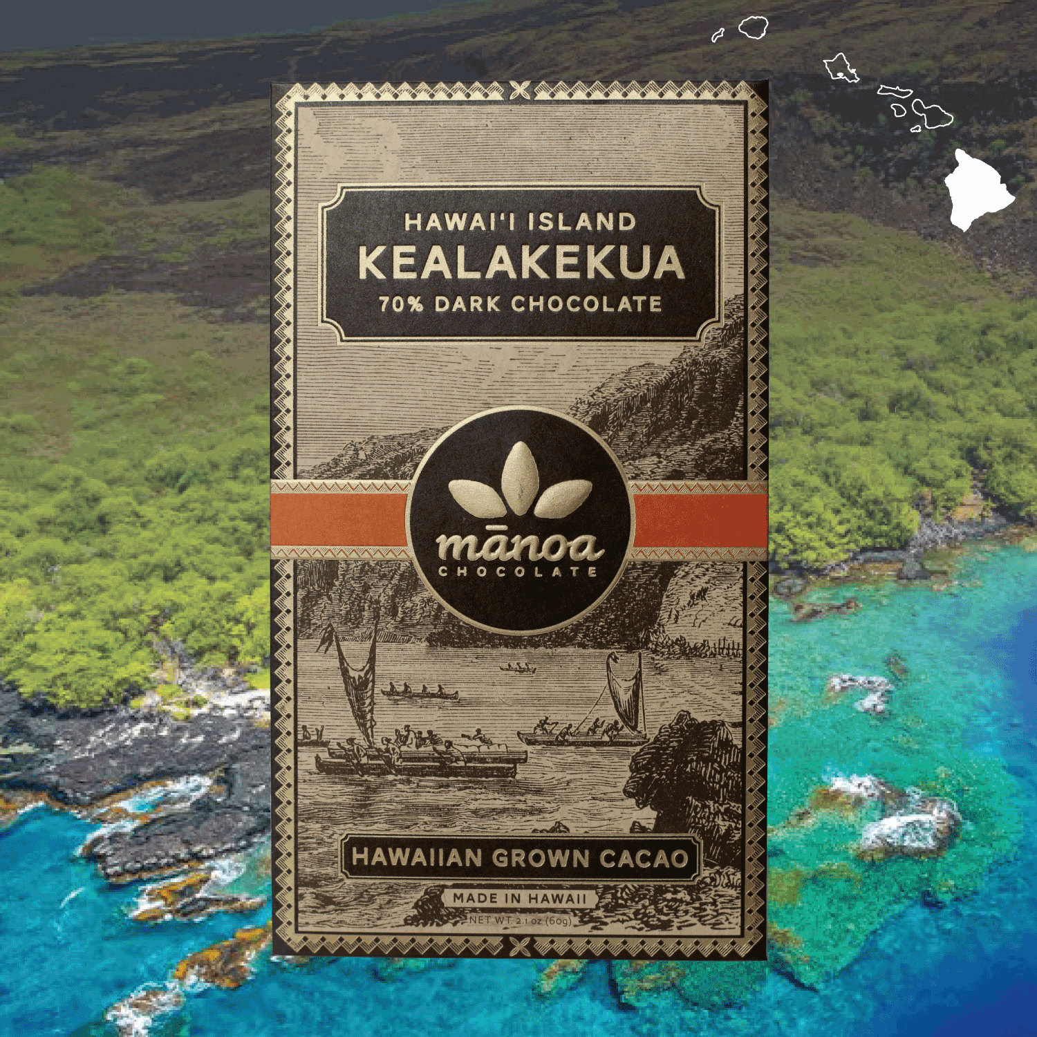 Image of Kealakekua chocolate bar in brown, natural-looking packaging, with Hawaii island landscape in the background