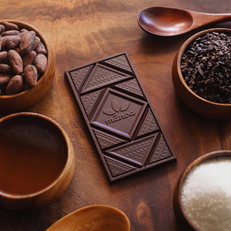 Chocolate bar sitting among cacao beans, nibs and sugar
