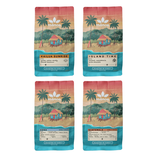 image Four packages of Manoa Coffee roasters: kailua sunrise, island time, kona, and guatemala