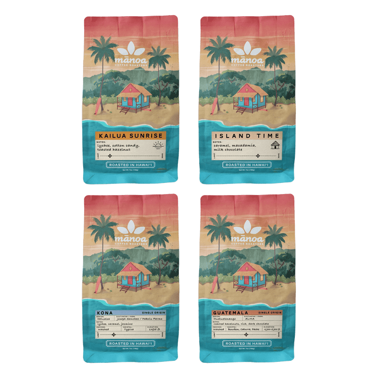 image Four packages of Manoa Coffee roasters: kailua sunrise, island time, kona, and guatemala