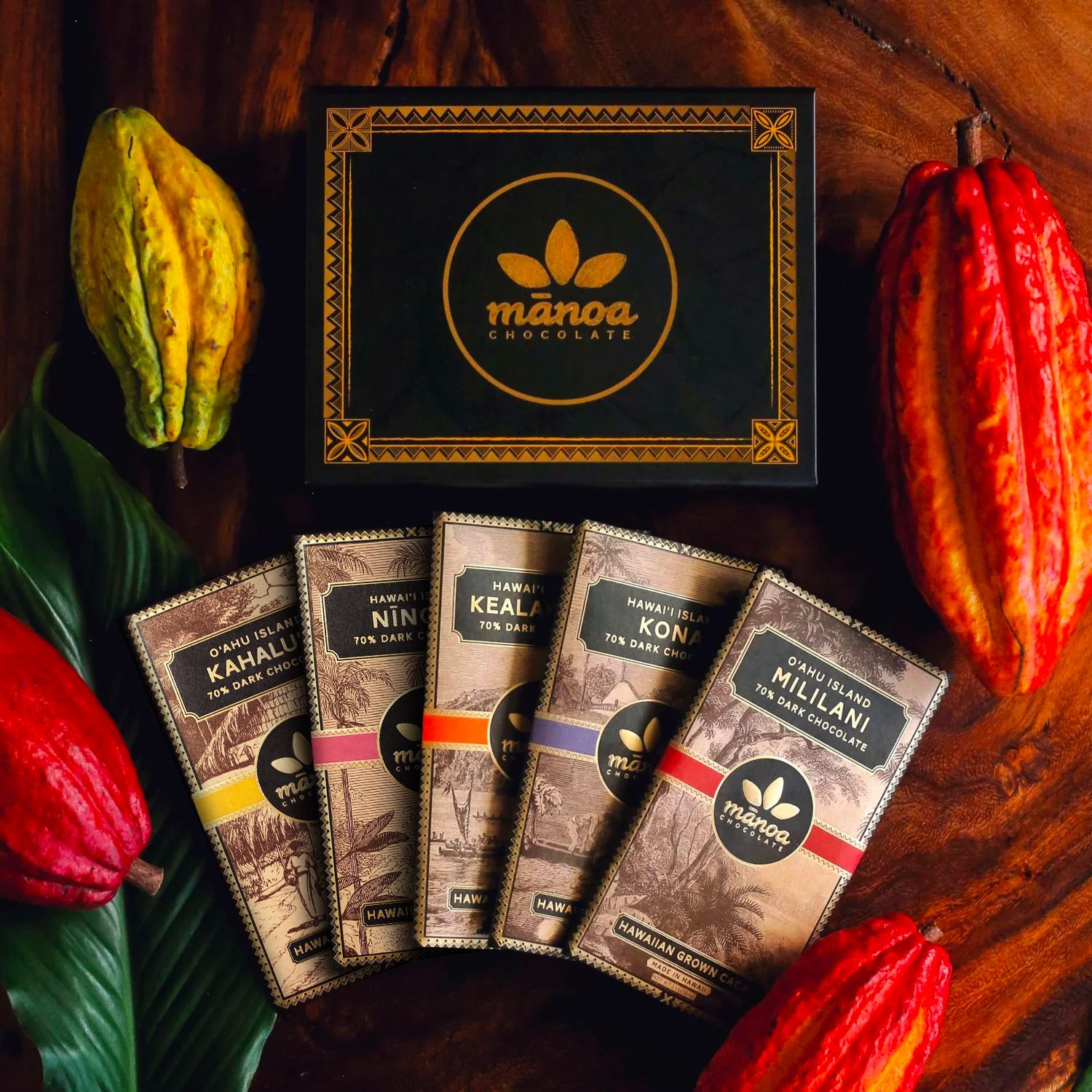 Image of 5 Hawaii grown chocolate bars packaged with gift box