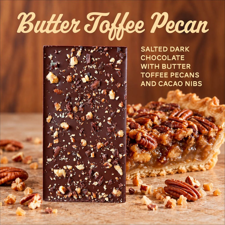 Butter toffee pecan salted dark chocoalte with butter toffee pecans and cacao nibs