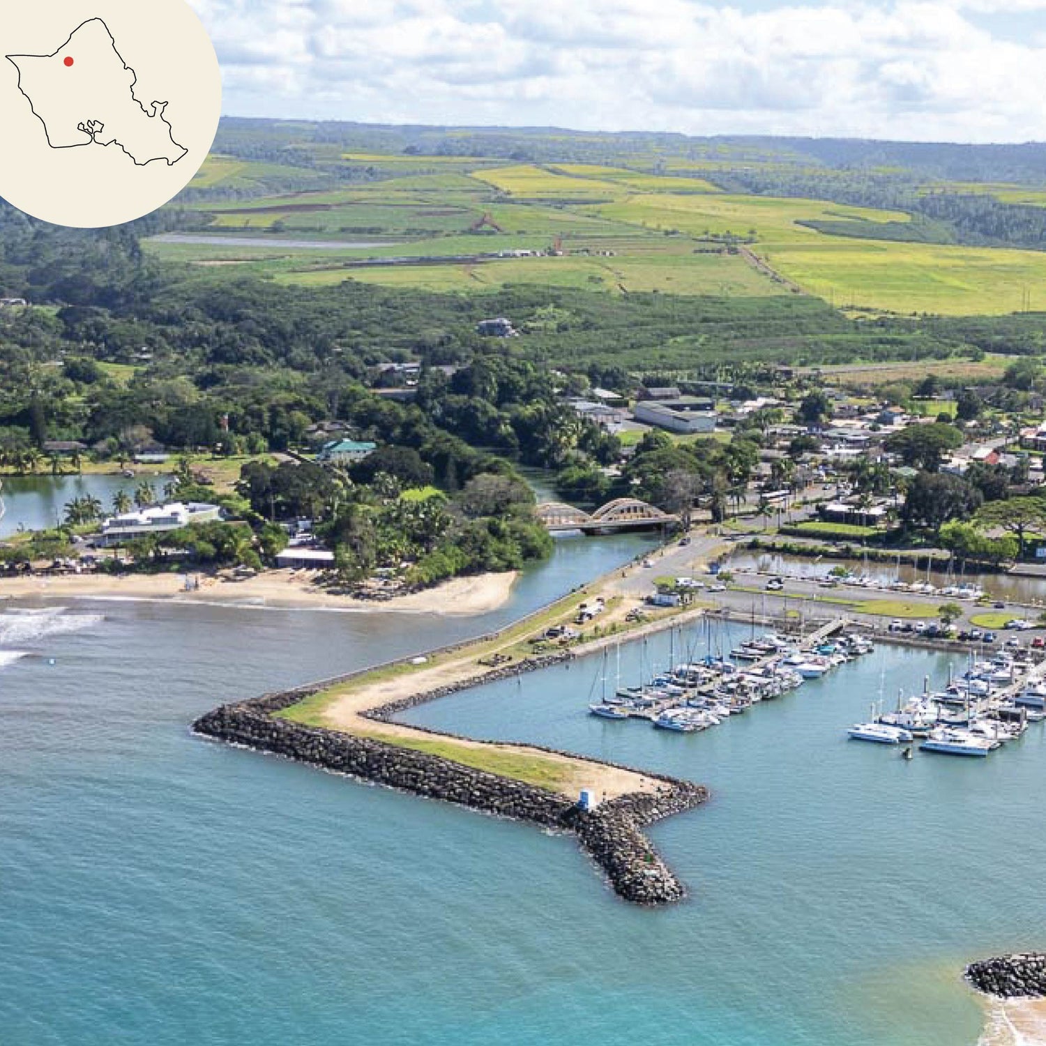 haleiwa town drone image with oahu island map