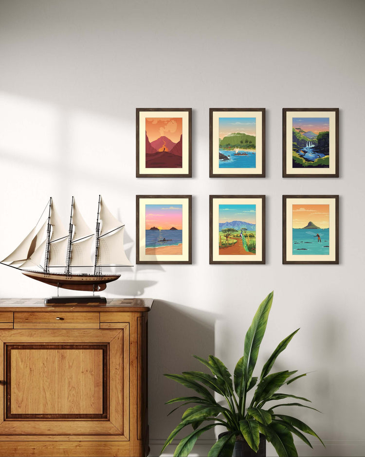 image of 6 of kalama studio art prints hanging framed on a wall in a home