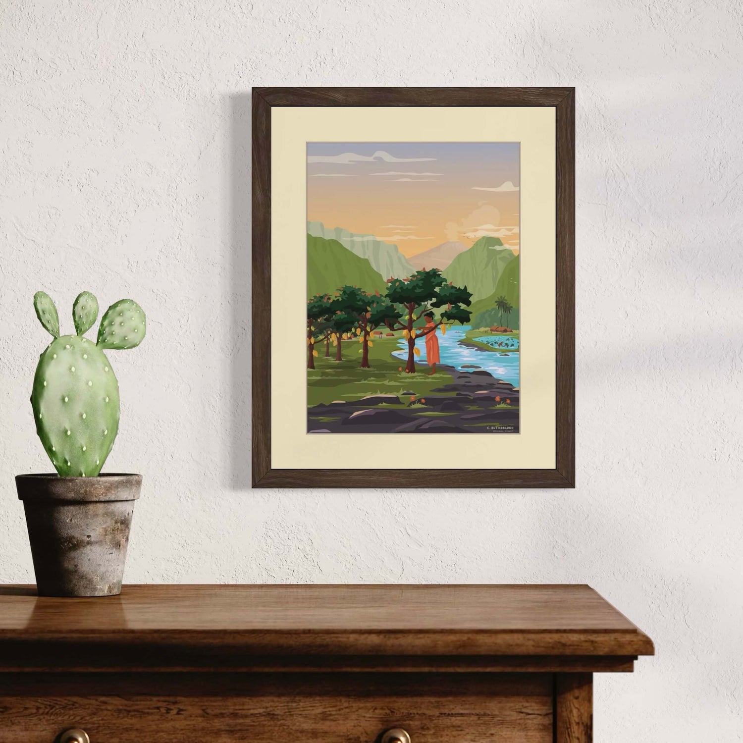 image of hawaiian cacao harvest art print framed and hanging on a wall in a home
