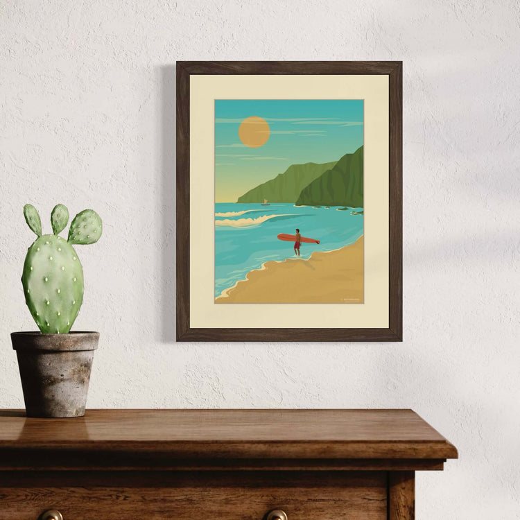 image of hawaii surfer art print framed and hanging on a wall in a home