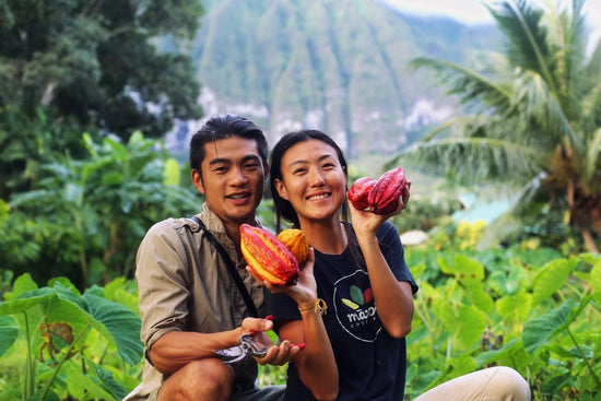 Image of farmers holding cacao pods