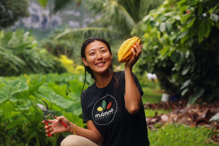 Image of a farmer holding a cacao pod