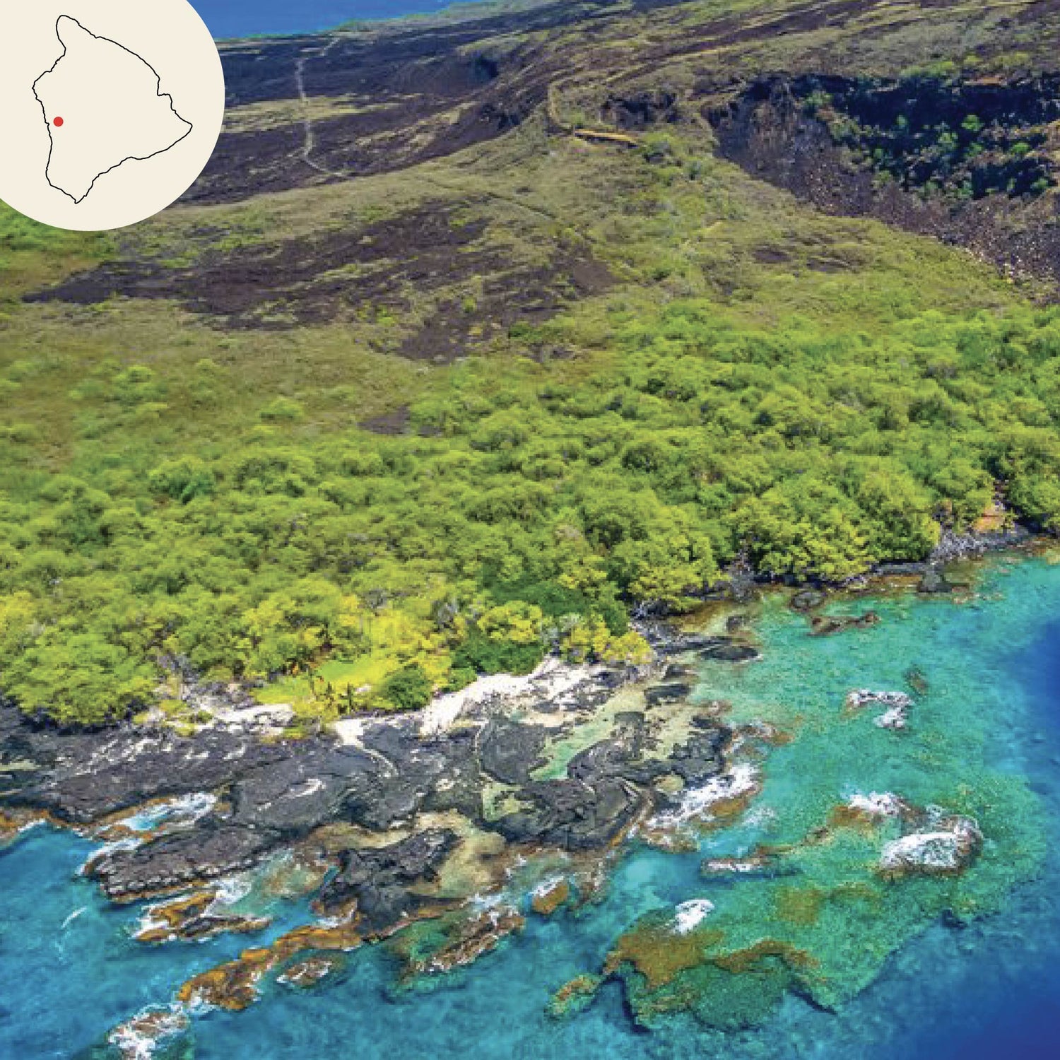 kealakekua bay drone image with hawaii island map