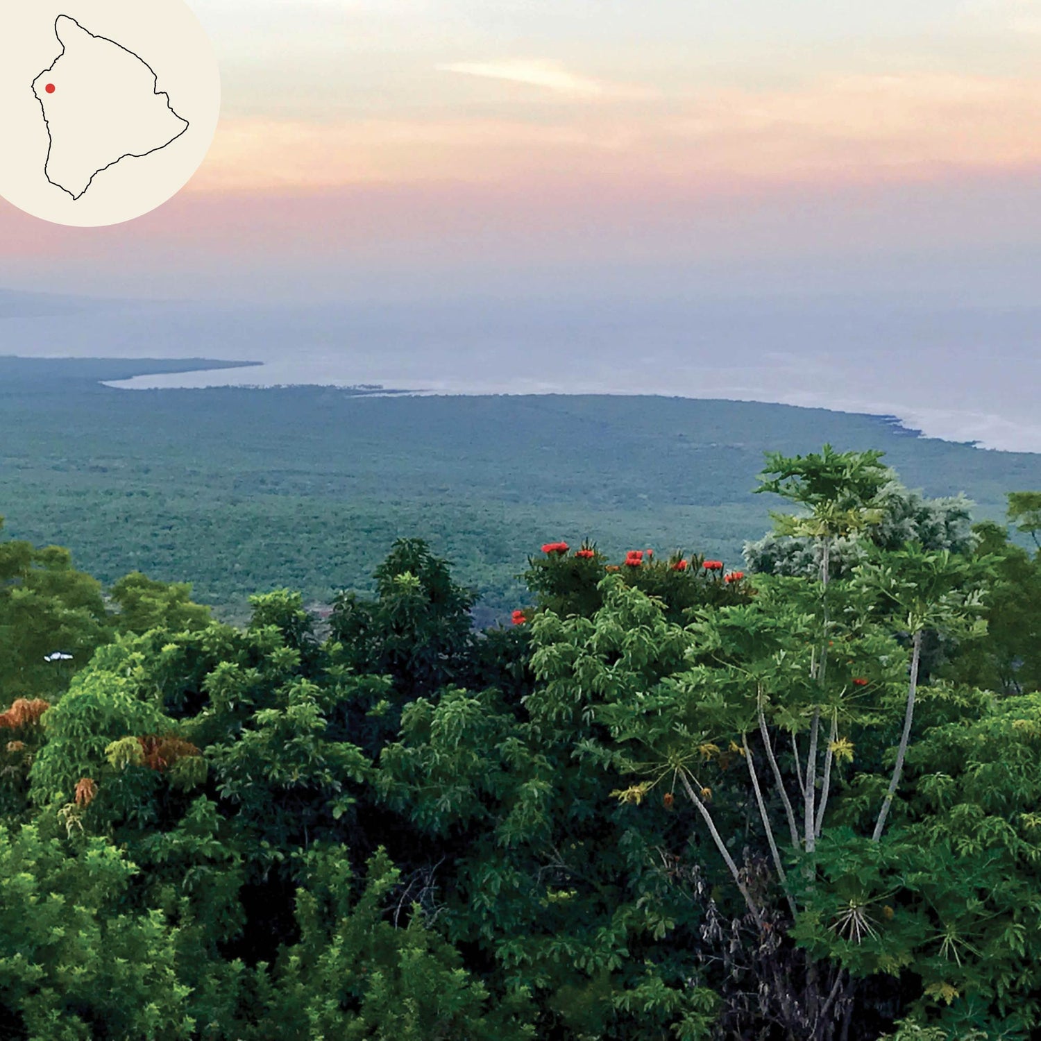 kona scenic image with hawaii island map