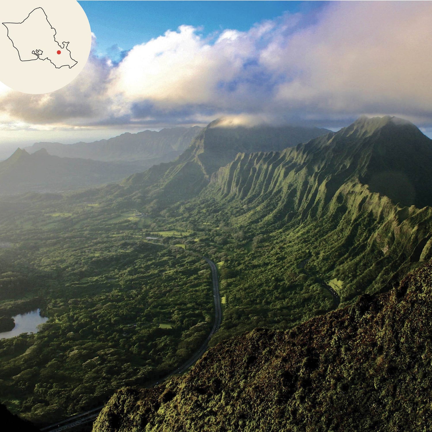 koolau mountain range drone image with oahu island map