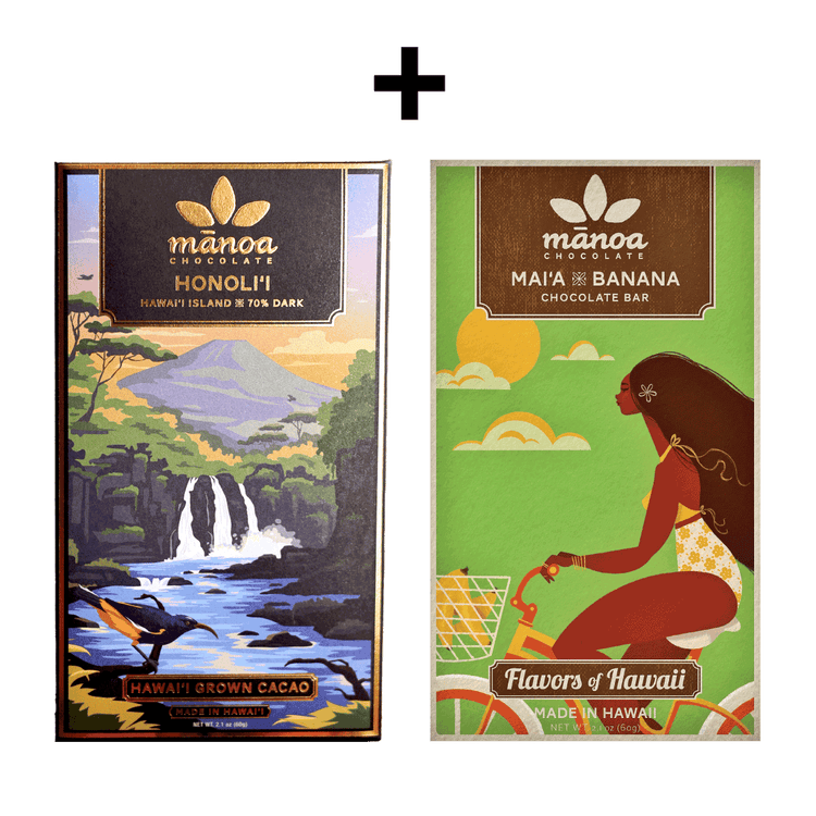 Image of a plus sign with two chocolate bar packages. A Manoa Chocolate Honoli'i Dark 70% chocolate bar with artwork of a Hawaiian landscape and a manoa chocolate bar package of Mai'a x banana chocolate bar with artwork of a woman riding a bicycle.