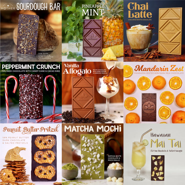Image of past Manoa Monthly flavors, like Peanut Butter Pretzel, Mandarin Zest, and Hawaiian Mai Tai