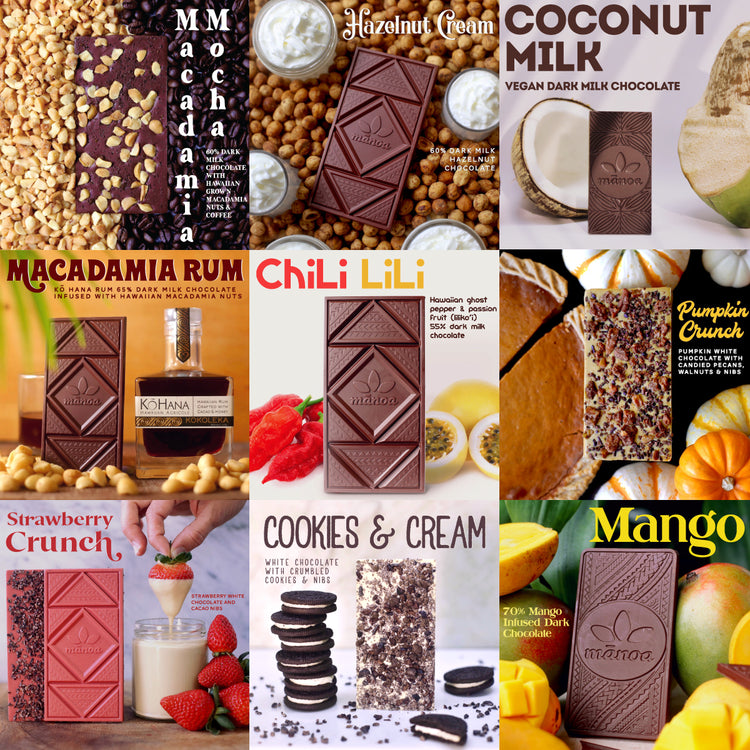 Image of past Manoa Monthly flavors, like Hazelnut Cream, Chili Lili, and Pumpkin Crunch