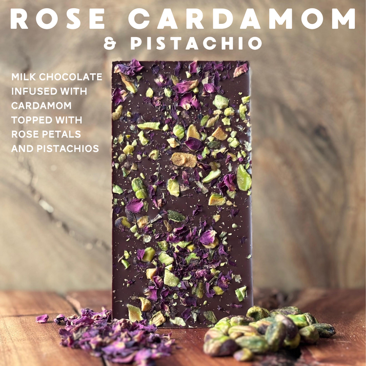 MILK CHOCOLATE INFUSED WITH CARDAMOM
TOPPED WITH ROSE PETALS 
AND PISTACHIOS bar image