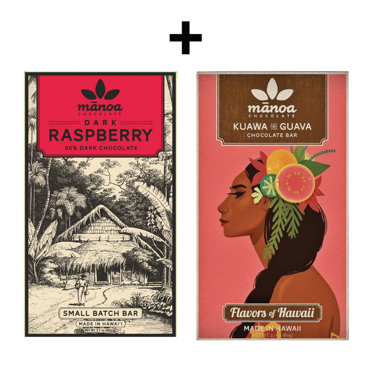 Image of dark chocolate 60% raspberry bar and Guava chocolate bar