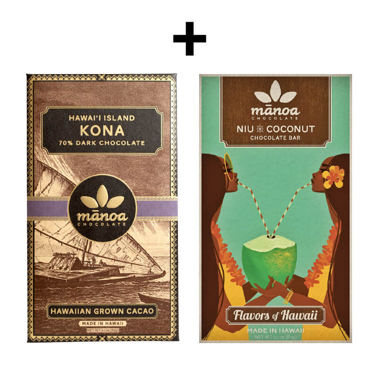 A Kona Chocolate bar package with vintage Hawaiian artwork of a traditional sailing boat and a Coconut Chocolate Bar package featuring artwork of two women sipping from a coconut.