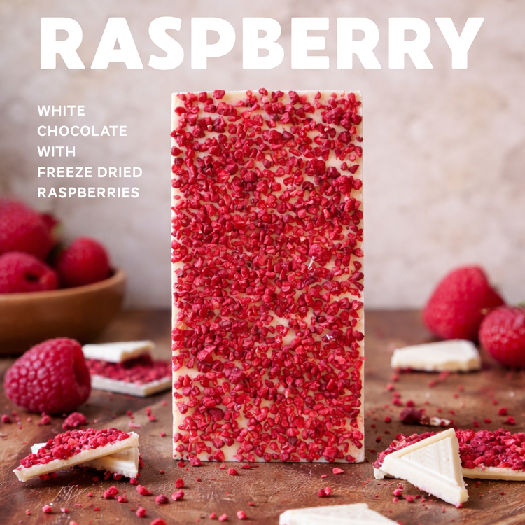 Image of a white chocolate bar with freeze-dried raspberries