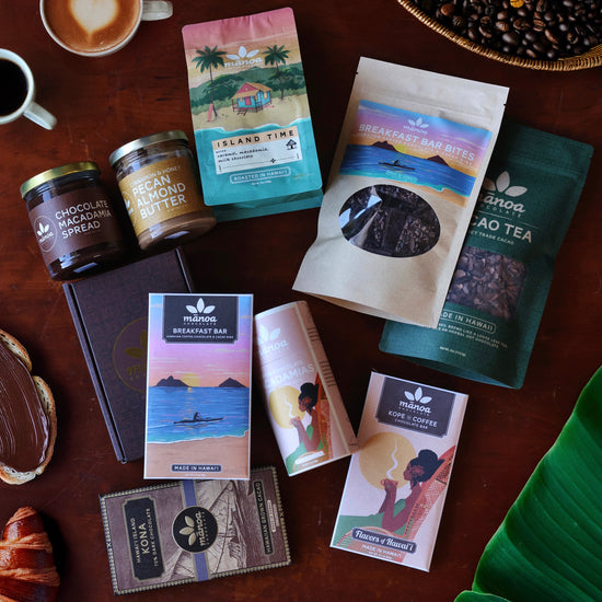 Assorted products on a wooden surface with a cup of coffee and a pastry.