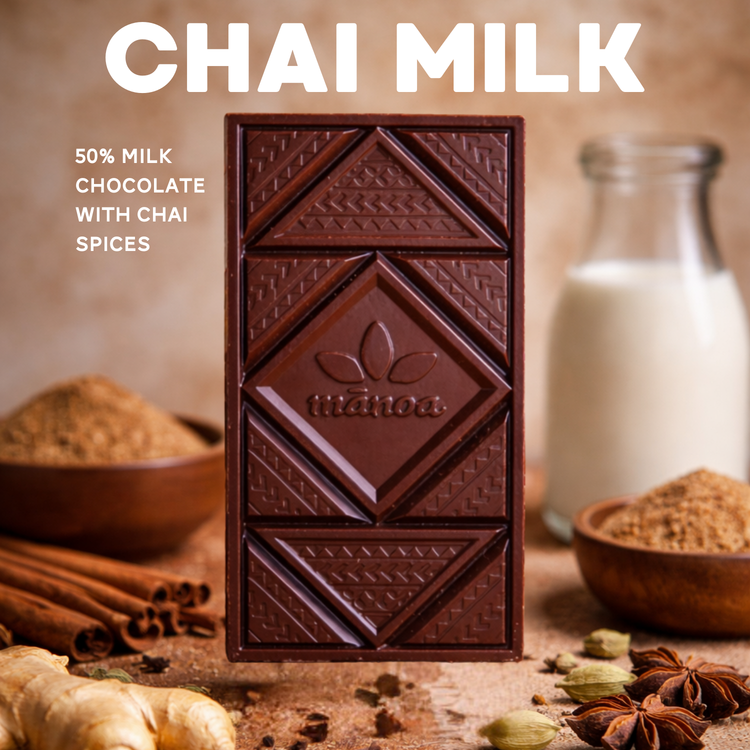 Chai Milk Chocolate Bar image with elements like cinnamon and cloves on the background