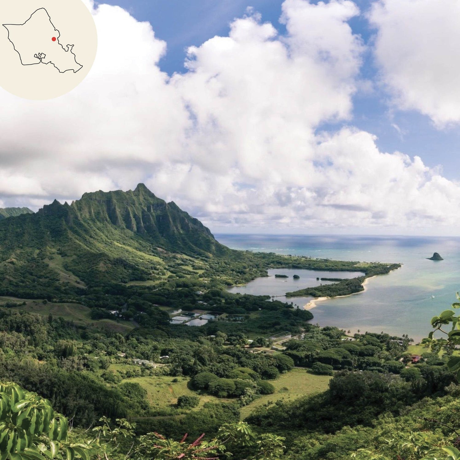 waiahole region drone image with oahu island map