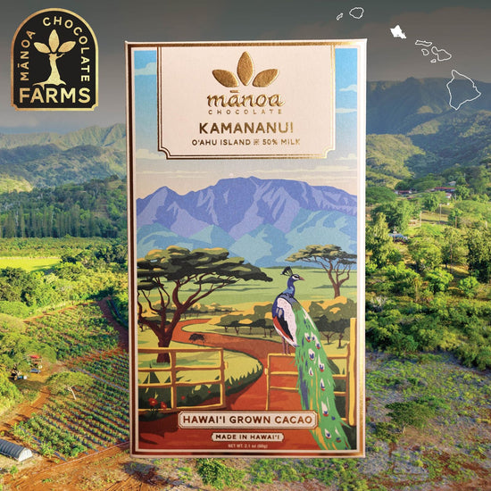 Image of Kamananui Milk Chocolate bar on a photo background of the Kamananui farm, a graphic of the Hawaiian Islands and a "Manoa Chocolate Farms" badge