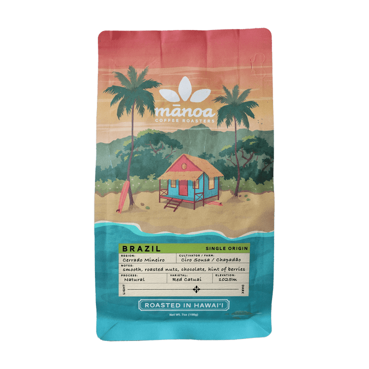 Manoa Coffee Roasters brazil coffee bag with a scenic design