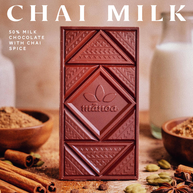 Chai Milk Chocolate Bar image with elements like cinnamon and cloves on the background