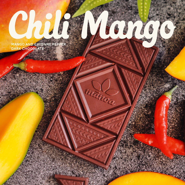 Image of chili mango dark chocolate bar, which contains mango and cayenne pepper
