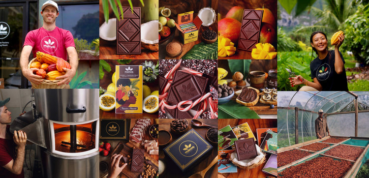 Collage of several images, including owner Dylan Butterbaugh holding a basket of cacao, a worker looking at liquid chocolate inside a chocolate machine, a smiling worker holding a cacao pod in a cacao grove, a farmer standing next to a cacao drying rack, and several images advertising various products including the Coconut bar, Flavors of Hawaii mini box, Mango bar, Lilikoi bar, Peppermint bar, macadamia nut spread, and Hawaii grown treasure box
