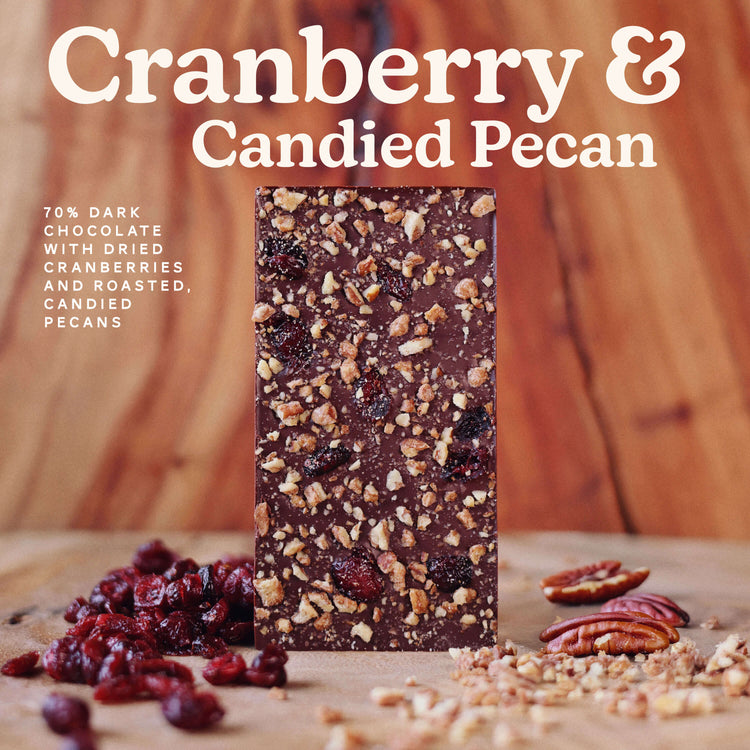 image of cranberry & candied pecan bar: cranberry & candied pecan bar, 70% dark chocolate with dried cranberries and roasted candied pecans