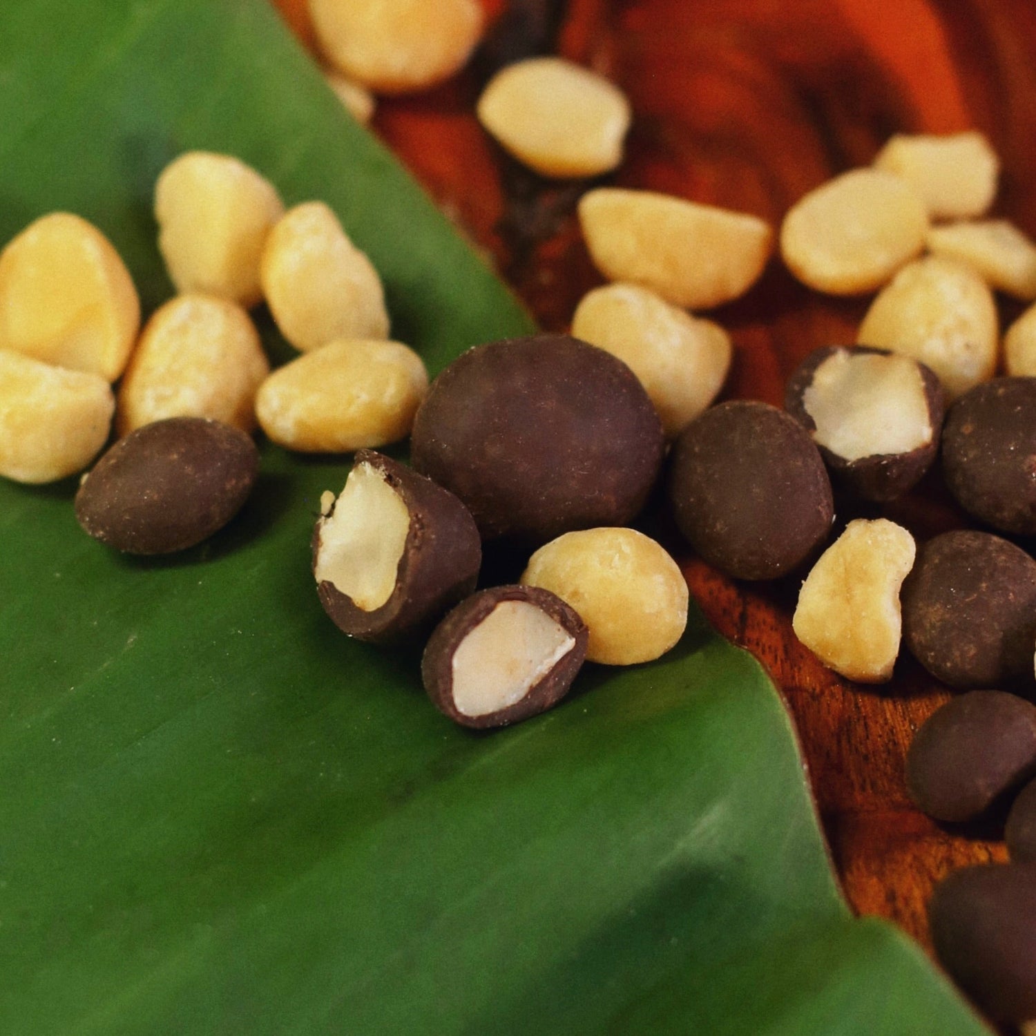 Image of lilikoi macadamias scattered on table