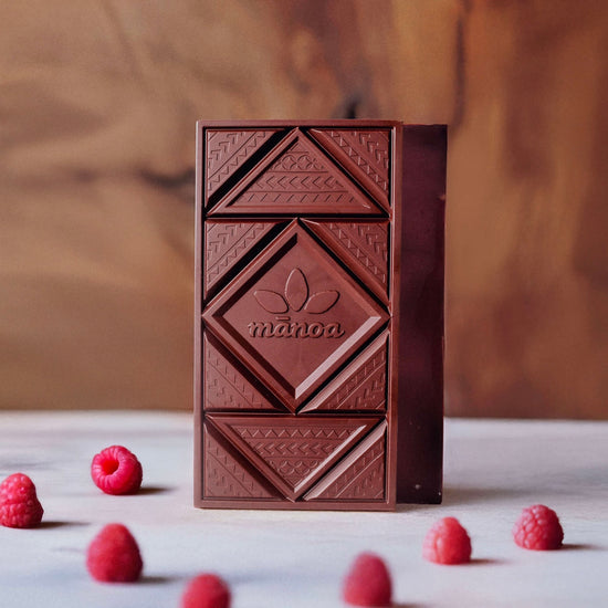 dark raspberry chocolate bars on a marble surface with raspberries