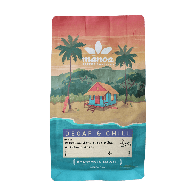 Manoa Coffee Roasters decaf & chill coffee bag with a tropical design
