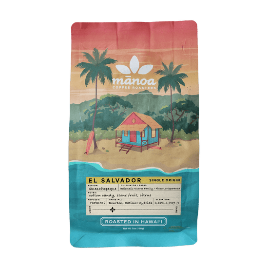 image of el salvador Manoa Coffee Roasters coffee bag with a scenic design and product details.
