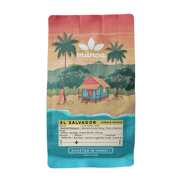 image of el salvador Manoa Coffee Roasters coffee bag with a scenic design and product details.