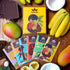 Image of six brightly-colored chocolate bars with bright yellow gift box and tropical fruits