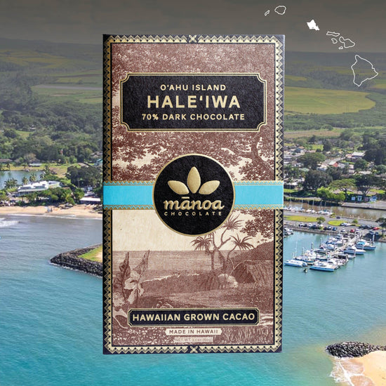 Image of haleiwa chocolate package with ocean and mountains in the background