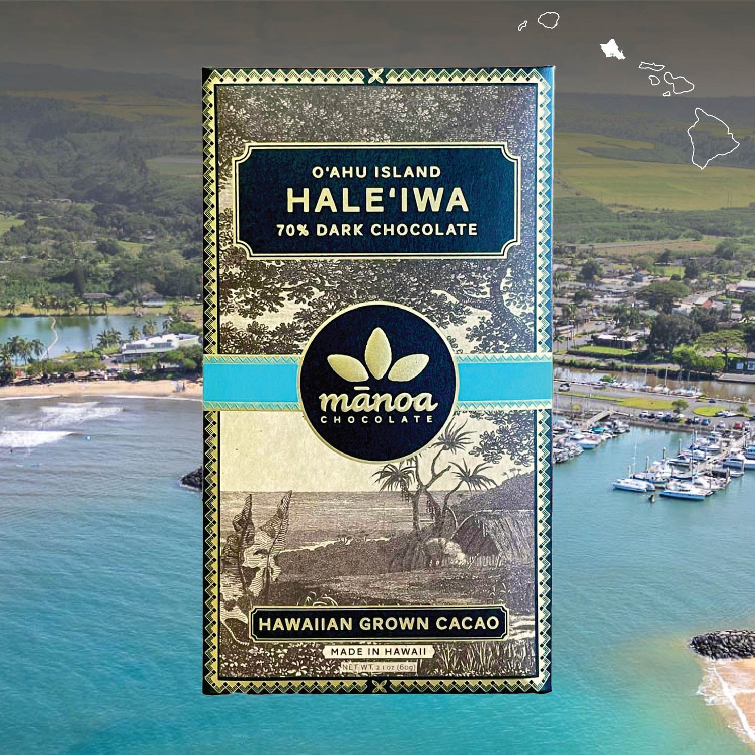 Image of haleiwa chocolate package with ocean and mountains in the background